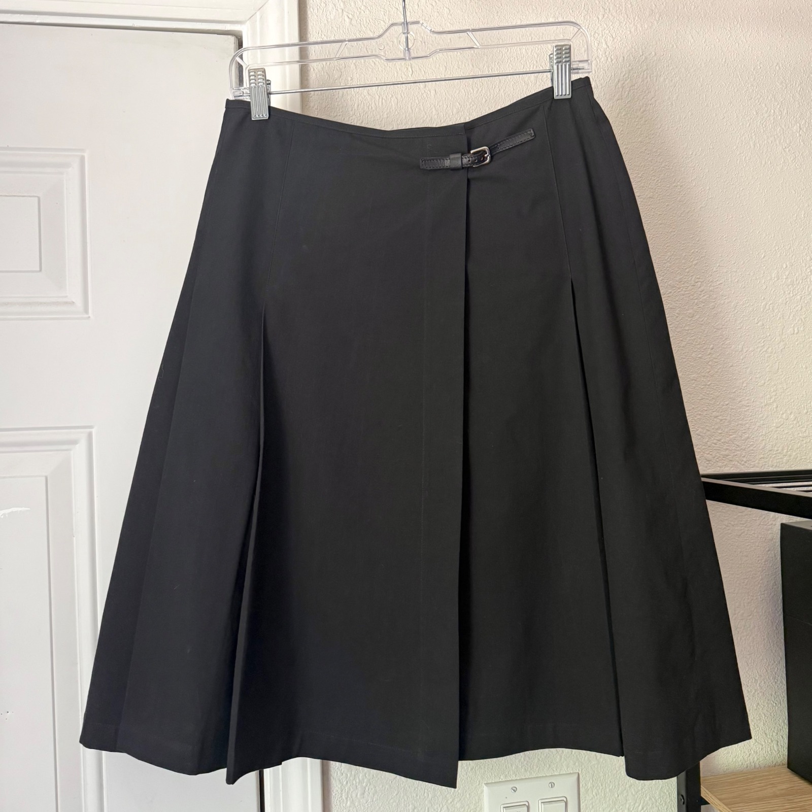 Morgane Le Fay Black Pleated Cotton A-Line Knee Mini Midi Skirt